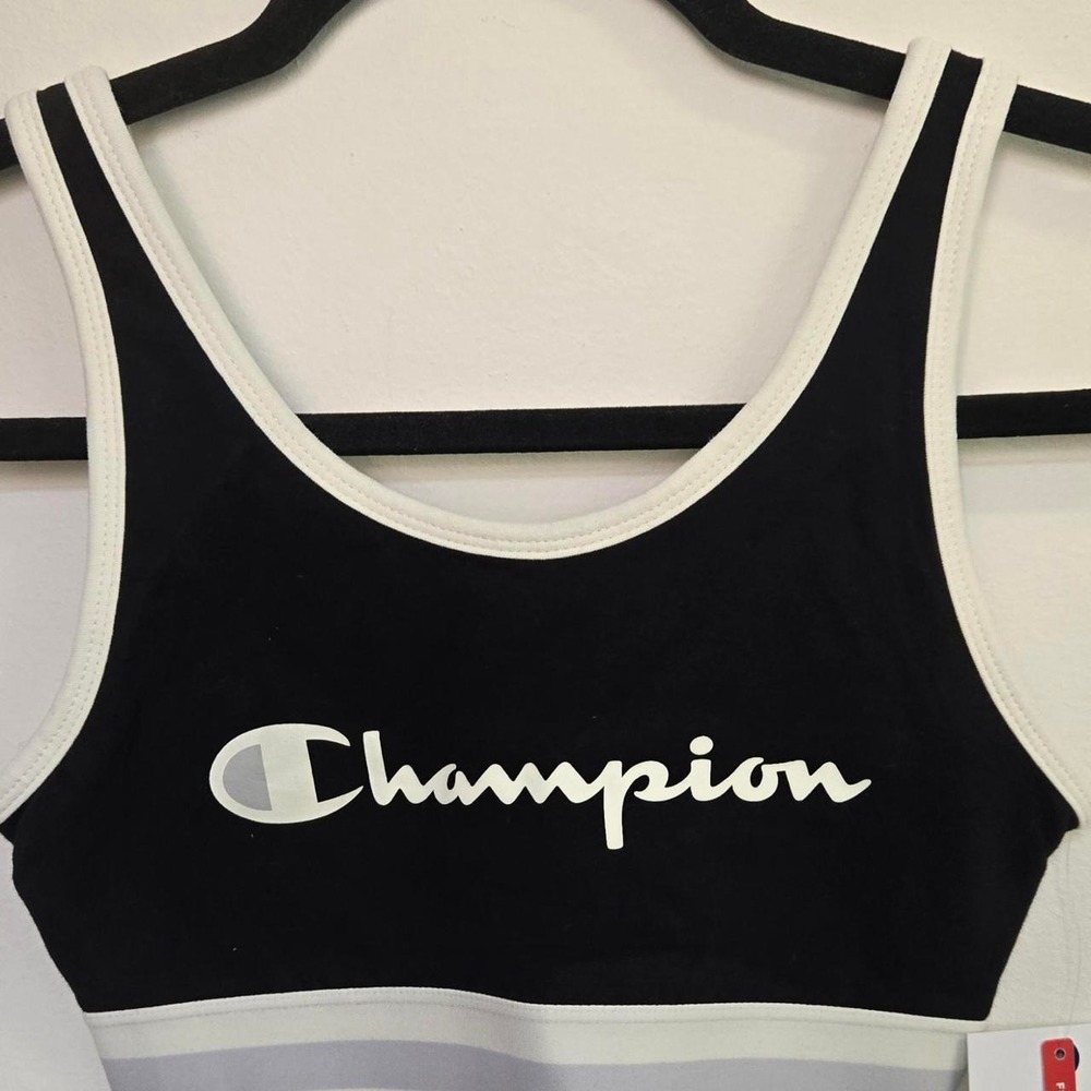 Champion Womens Script Logo Sports Bra Black White Striped Band Athletic Top